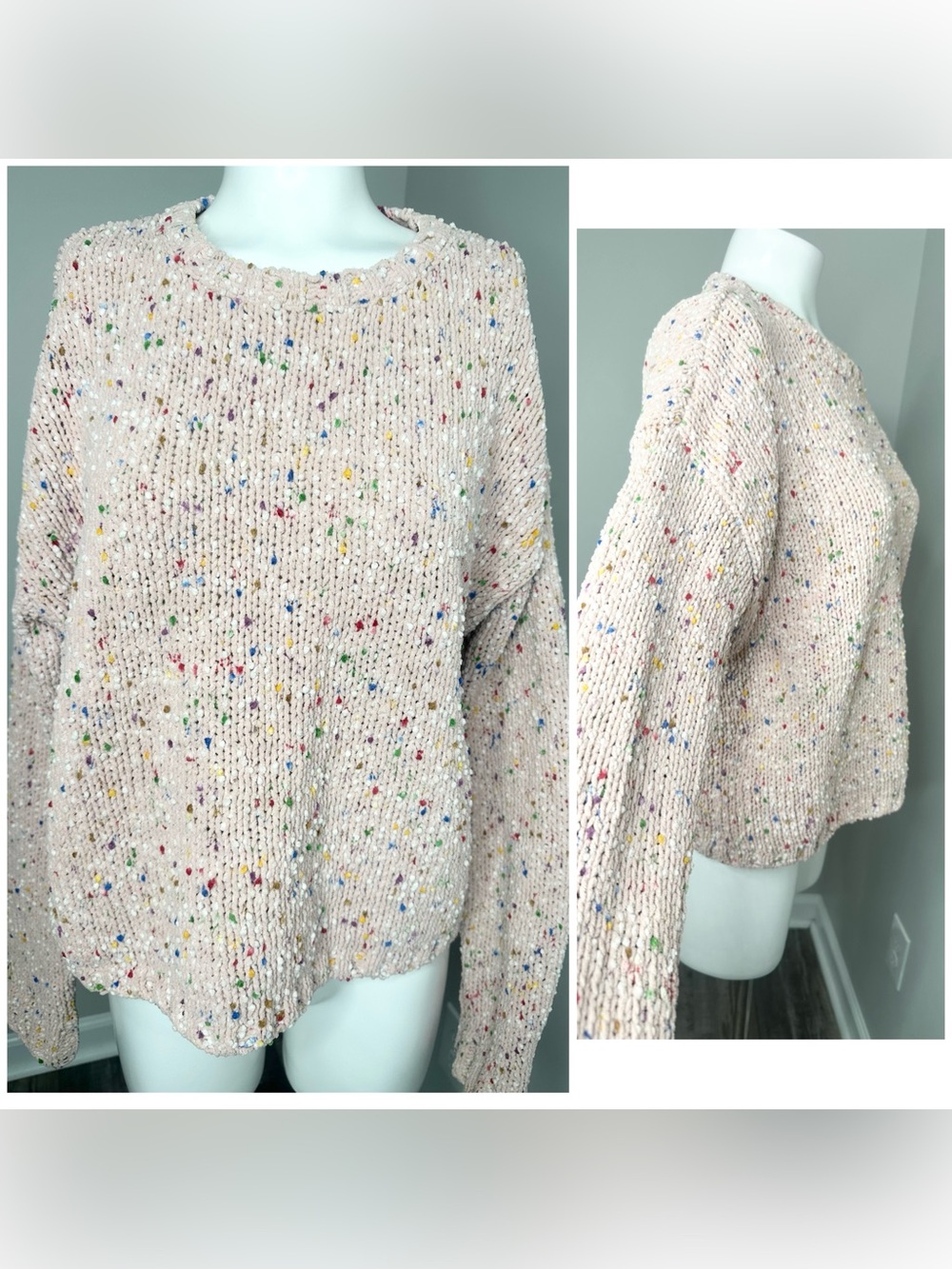 It's Our Time pink Speckled Crewneck Sweater- m